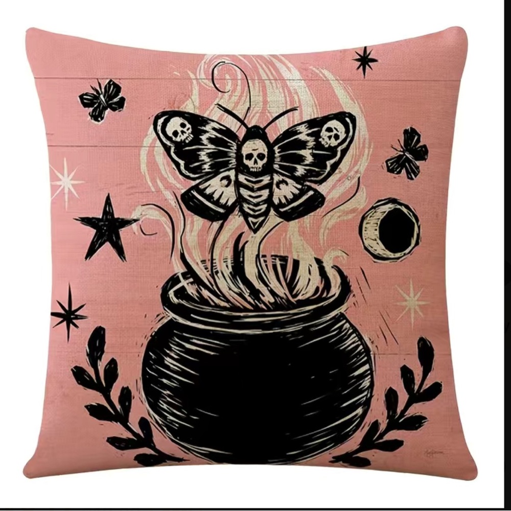 1pc, Linen Cover (18''x18''),pink Halloween deathhead moth and cauldron Cover